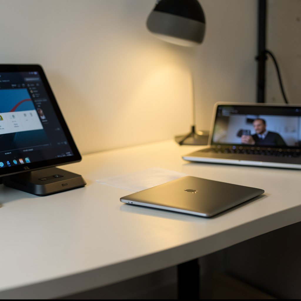 Close-up shot of a professional workspace with modern tech gadgets, clean minimalist desk, warm lighting, professional photography, 16:9 aspect ratio.