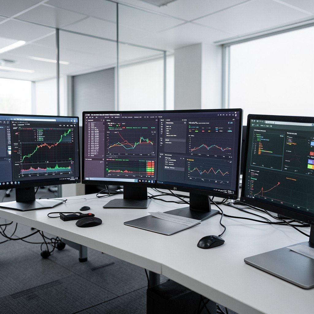 A modern office workspace showing multiple computer monitors with complex data visualization, no text, clean composition, high quality, 4:3.