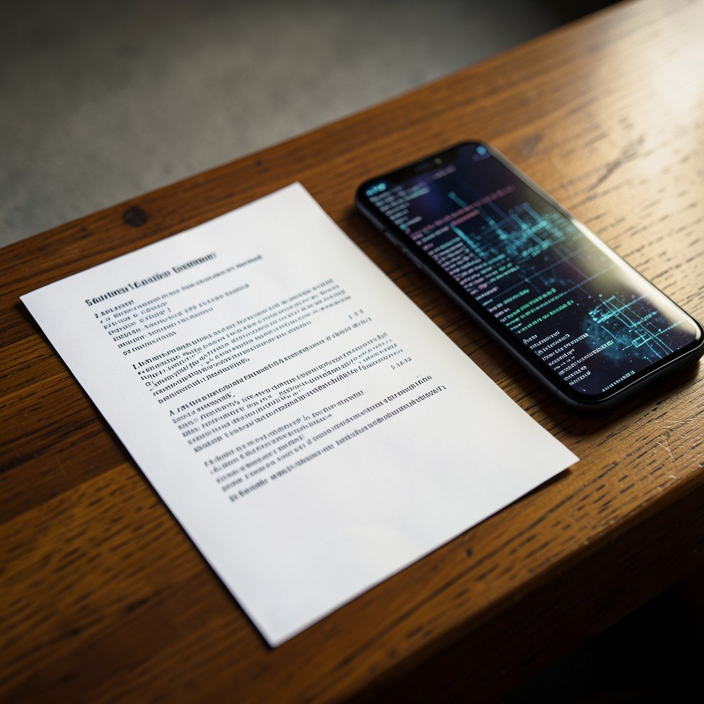 A professional legal document on a wooden desk next to a modern smartphone showing abstract AI code, soft cinematic lighting, 4:3 ratio.