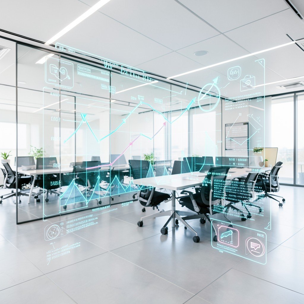 A modern, sleek office environment with holographic data representations of growth charts and digital advertising icons, bright and clean composition, cinematic lighting, 4:3 aspect ratio.