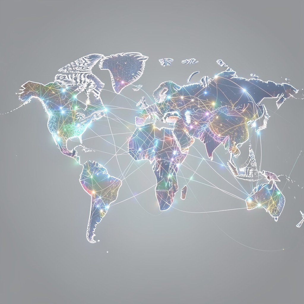 Conceptual scene of global connectivity, glowing network lines connecting continents, clean and professional digital world, neutral background, 4:3 aspect ratio.