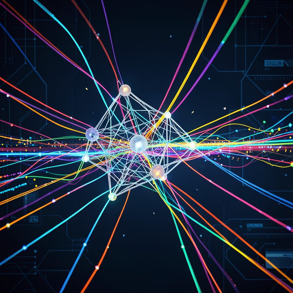 Abstract representation of artificial intelligence neural networks connecting with colorful data streams, modern professional tech aesthetic, 16:9 ratio