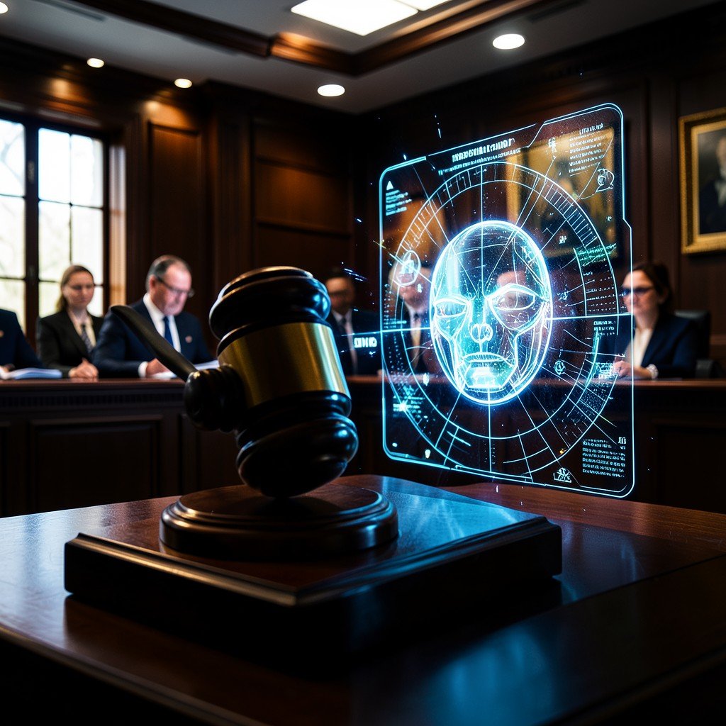 A digital gavel striking a glowing holographic AI interface, courtroom aesthetic, high contrast, professional legal atmosphere, 4:3