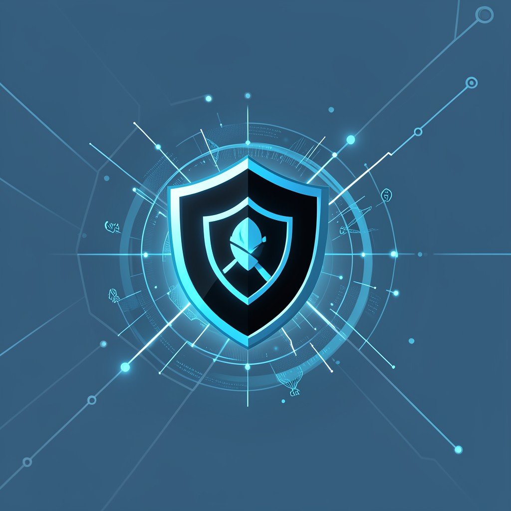 Shield icon integrated into a futuristic digital network, protecting privacy and safety, clean modern infographic style, 4:3