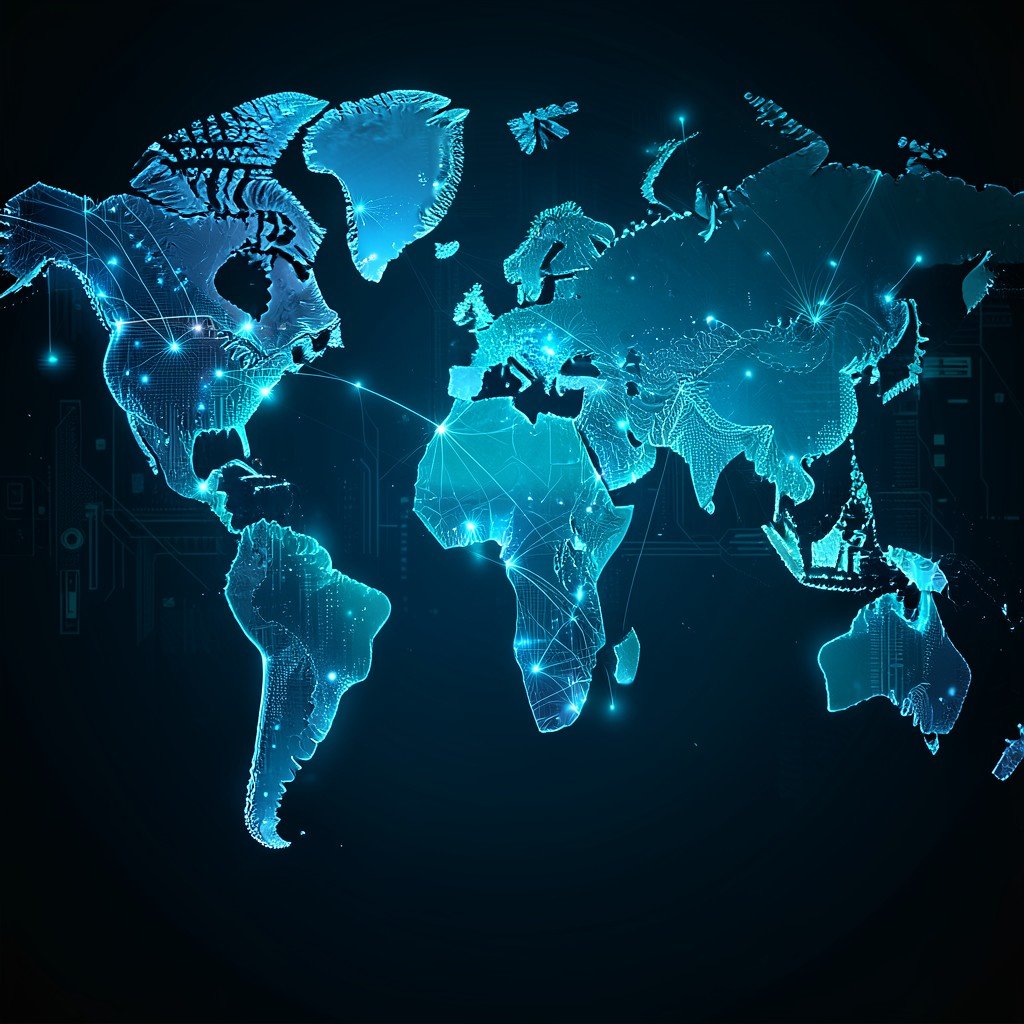 Global map with glowing digital connections, modern tech aesthetic, deep blue and teal tones, sharp focus, 4:3