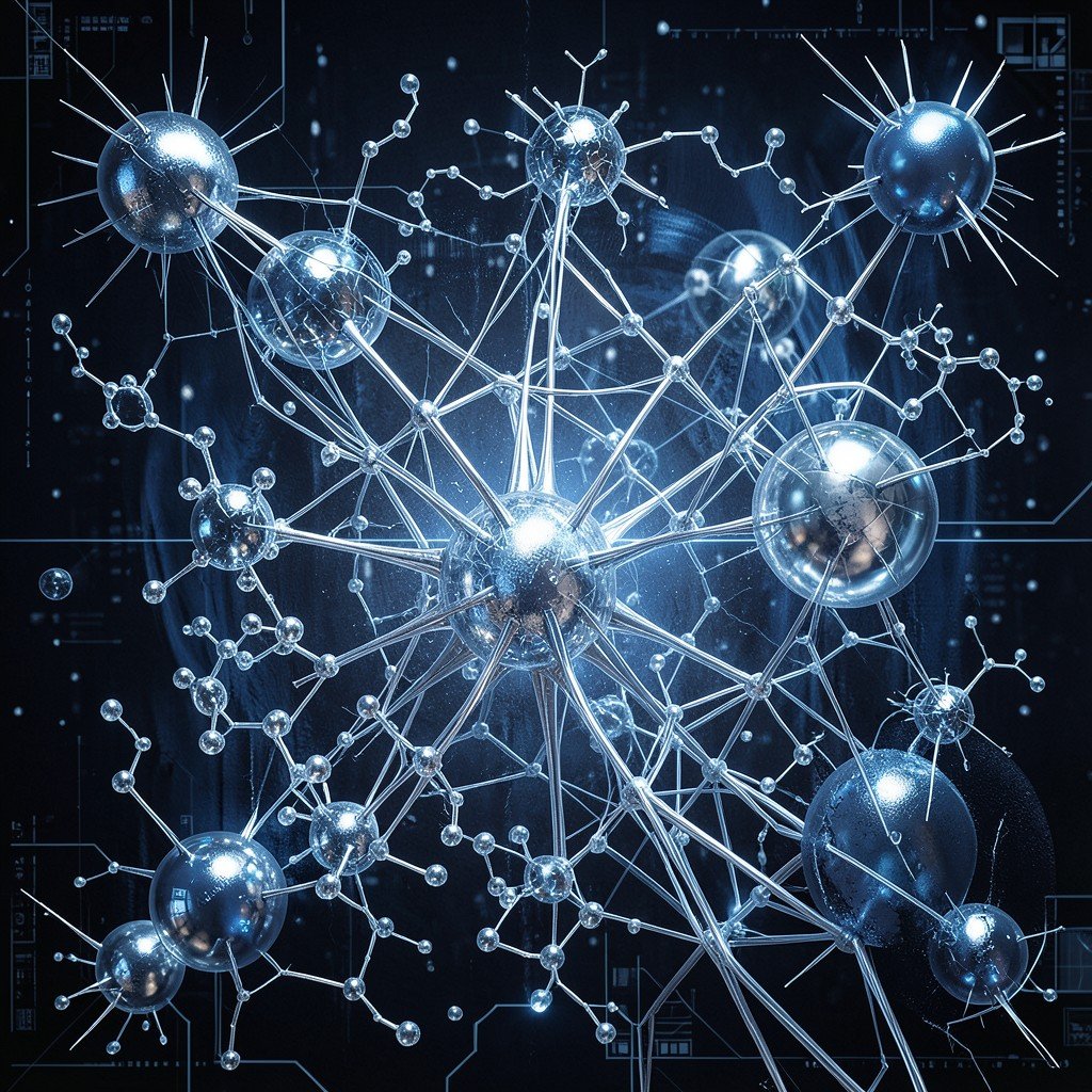 Conceptual art of digital neural networks connecting to chemical molecules, abstract tech-focused design, blue and silver color palette, 4:3