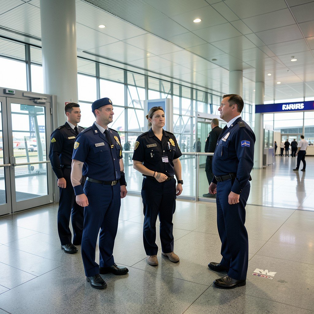 Airport security officers standing near a terminal gate, modern airport environment, professional atmosphere, 4:3 aspect ratio
