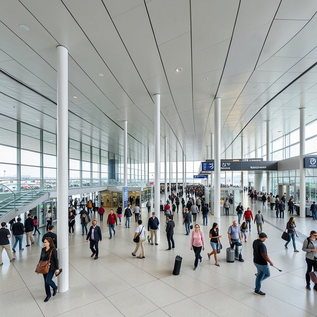 Wide view of an international airport terminal with passengers waiting, clean and modern architecture, 4:3 aspect ratio