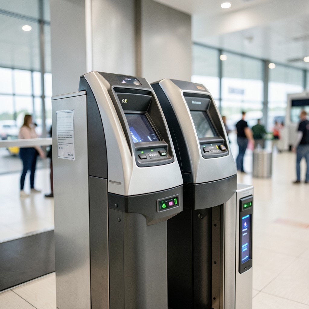 Close up of an airport security gate with modern scanners, high quality, professional photography, 4:3 aspect ratio