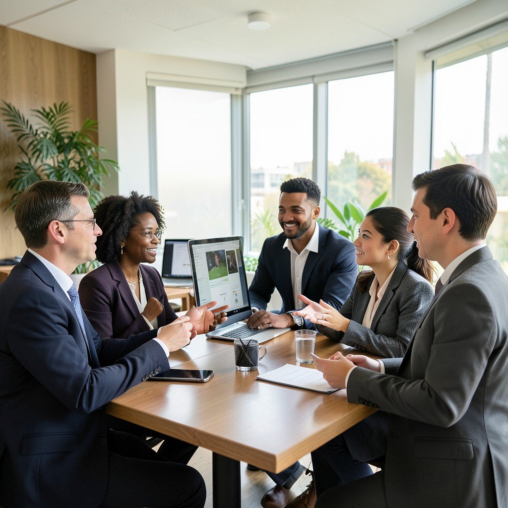 A diverse group of professional colleagues collaborating in a tech-driven workspace, discussing strategies, professional atmosphere, realistic photo, 4:3