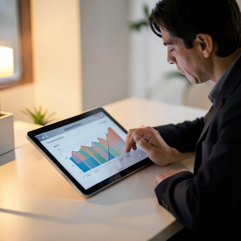 A focused professional looking at a tablet with career growth charts and digital graphs, clean modern desk, warm lighting, 4:3