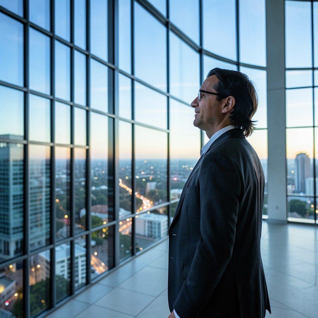 A person looking confidently at the horizon in a modern business building, symbolic of future success and professional growth, 4:3