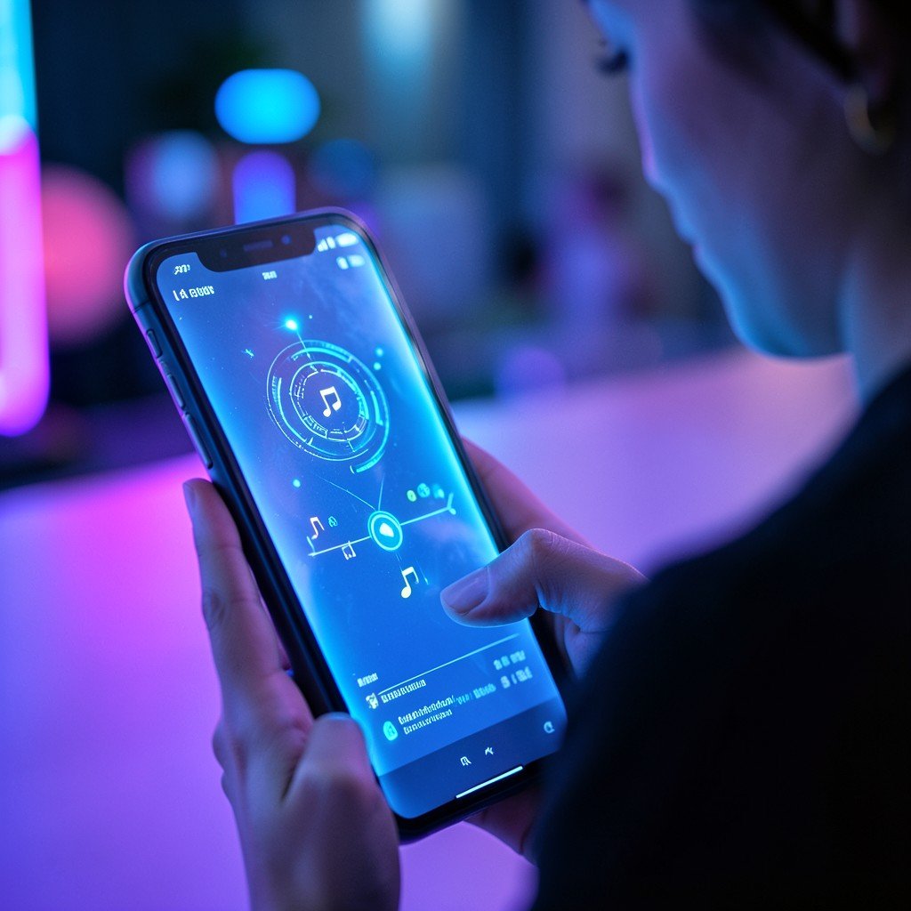 A person interacting with a holographic AI music assistant on a smartphone screen, vibrant blue and purple neon aesthetics, soft focus background, realistic photo style, 4:3 ratio
