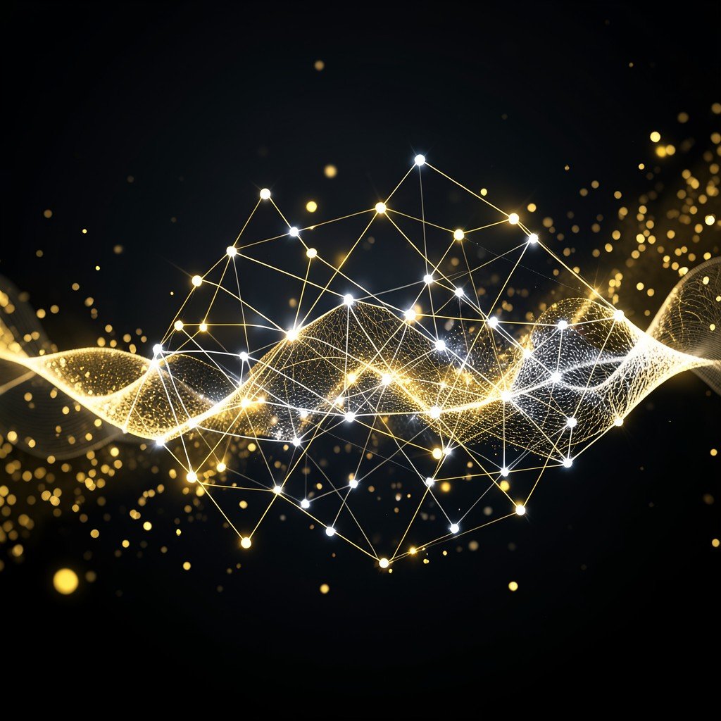 Abstract representation of global music streaming data flow, interconnected nodes and glowing digital waves, dark background with golden and white lights, professional photography style, 4:3 ratio