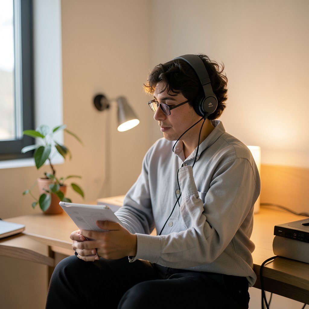 A stylish person listening to music in a modern minimalist home office, warm atmosphere, soft lighting, high quality digital photography, 4:3 ratio