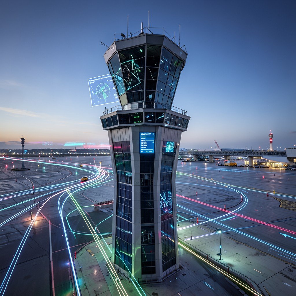 Modern airport control tower interface with digital radar displays and lines indicating ground movement, glowing tech, realistic, 1:1 aspect ratio