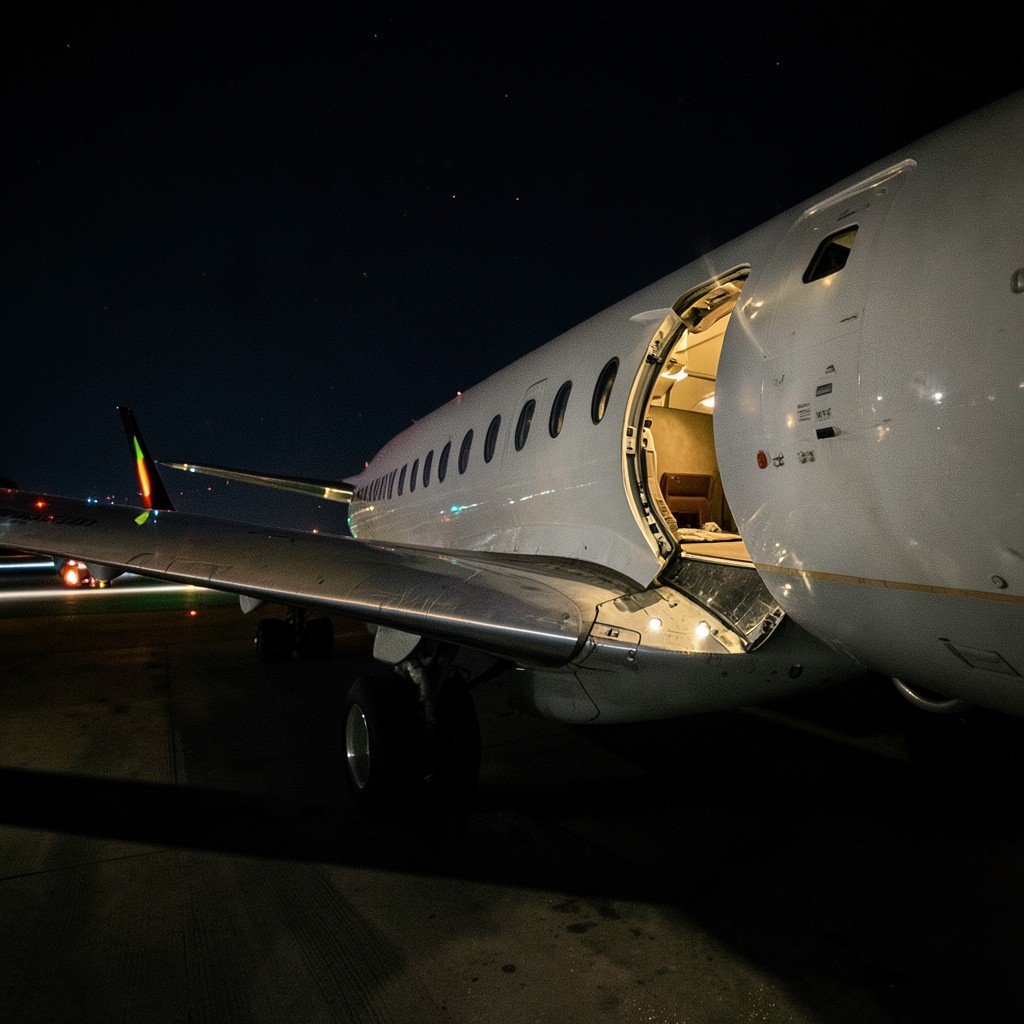 A cinematic scene of an airplane wing on a runway at night, emergency exit opened, realistic, detailed atmosphere, 4:3 aspect ratio