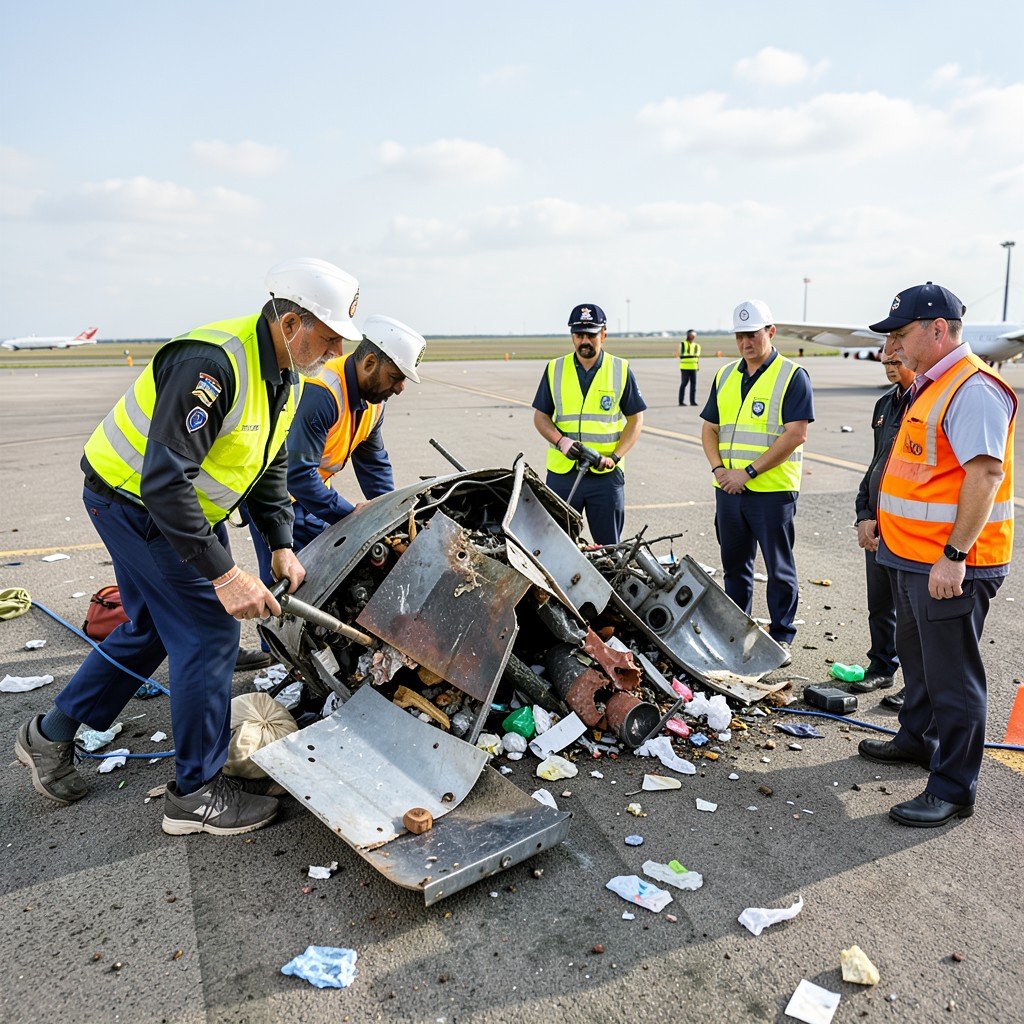 Investigators examining debris on an airport tarmac, official personnel with safety vests, professional, high detail, 1:1 aspect ratio