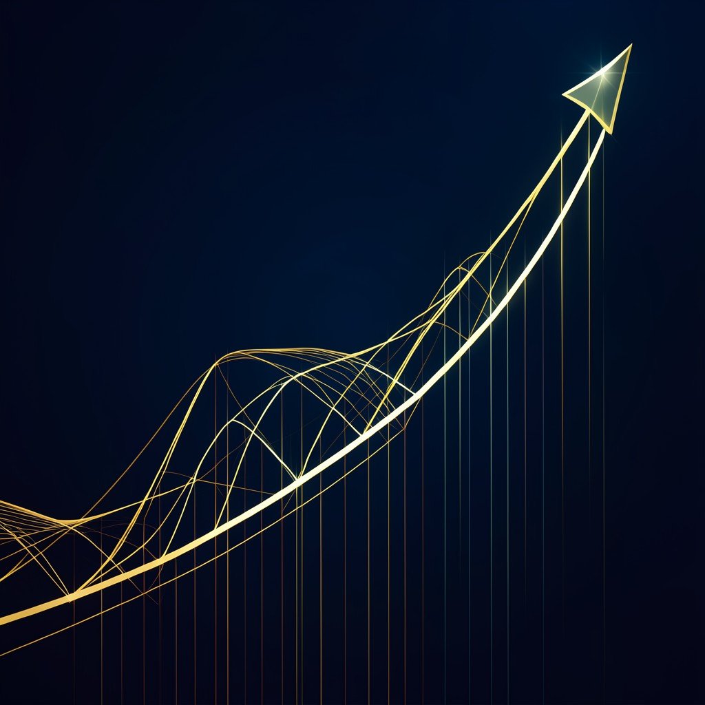 Abstract representation of financial growth and data efficiency, golden lines rising on a dark blue background, professional infographics style, 4:3