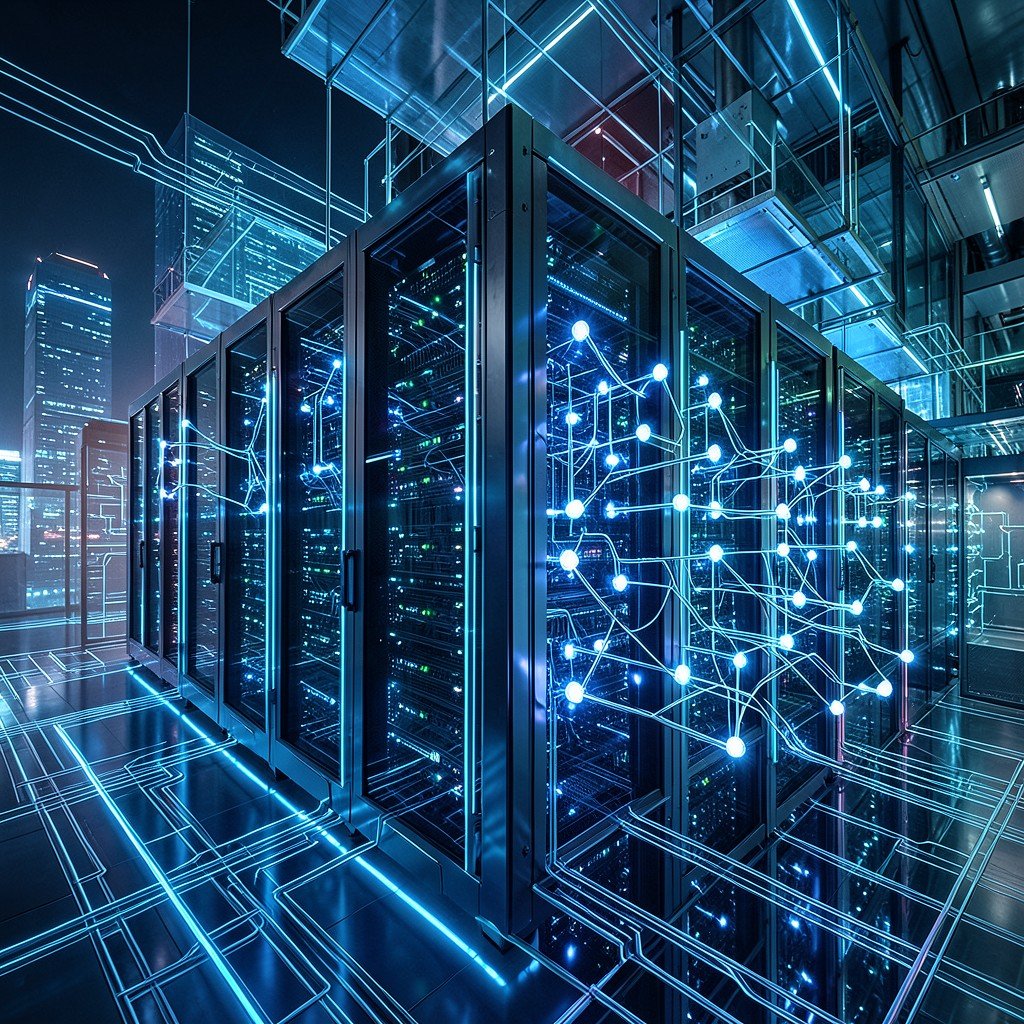 Futuristic data center architecture with glowing nodes and interconnected circuits, high tech visual, 4:3