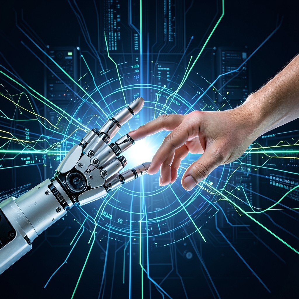 An abstract visual of a robotic hand and a human hand reaching towards each other, surrounded by glowing server lines and data streams, sophisticated tech aesthetic, 4:3