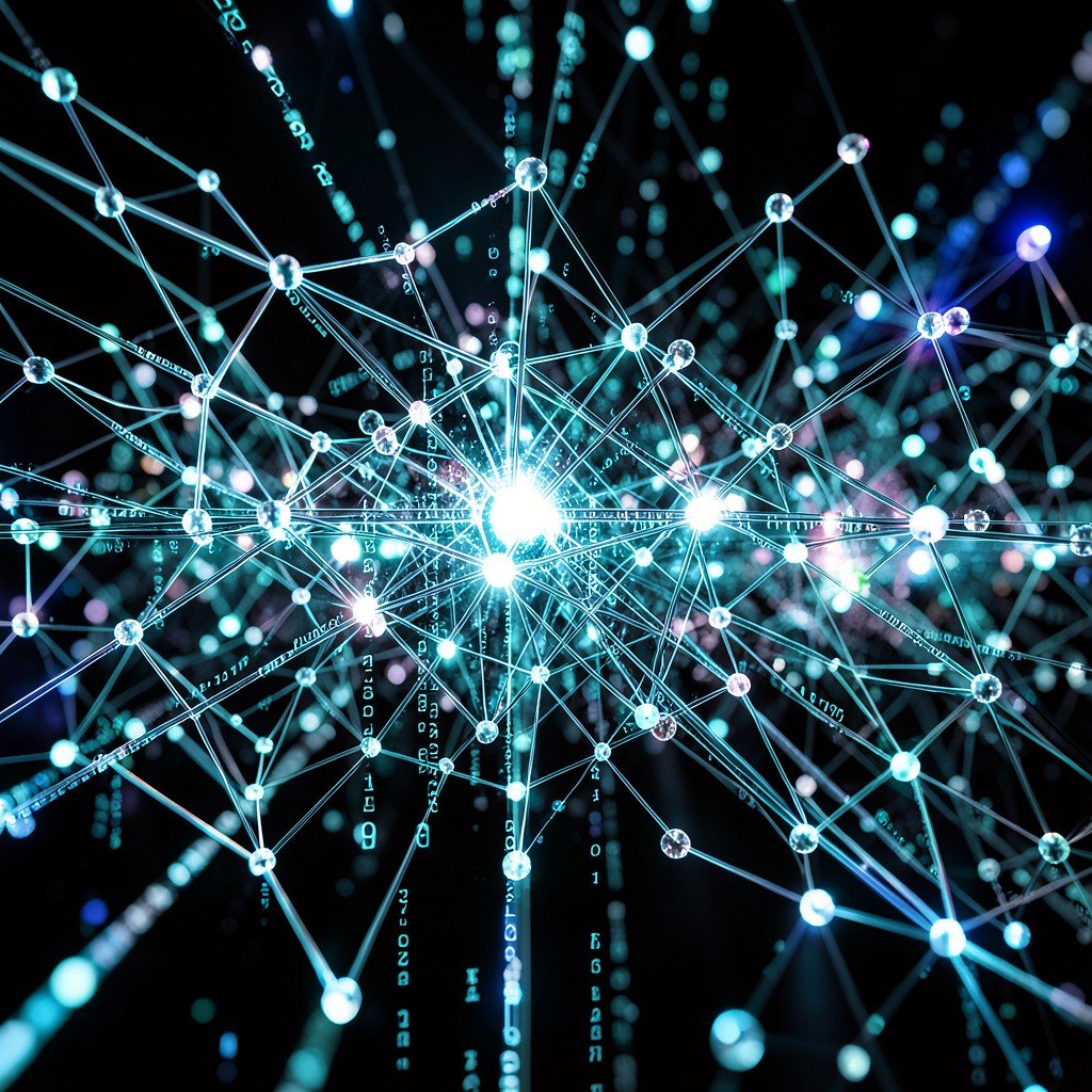 A complex network of interconnected nodes and binary codes, symbolizing modern digital infrastructure, vivid lighting, sharp focus, professional photography style, 4:3