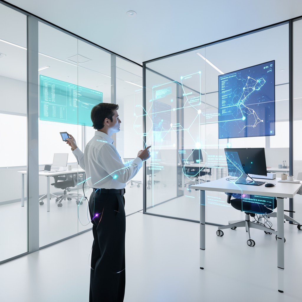 A conceptual illustration of a person interacting with digital nodes and glowing screens in a clean, minimalist office environment, high tech, 4:3