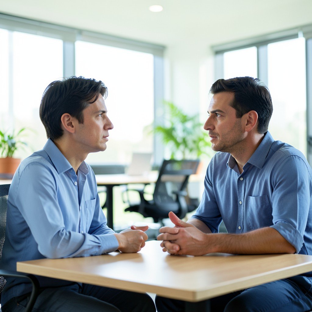 Two colleagues having a serious but constructive conversation in a bright, modern office meeting area, natural expressions, 4:3