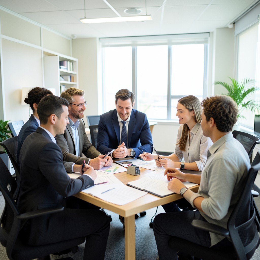 Diverse professionals working together on a collaborative project in a stylish office, bright and balanced lighting, detailed composition, 4:3
