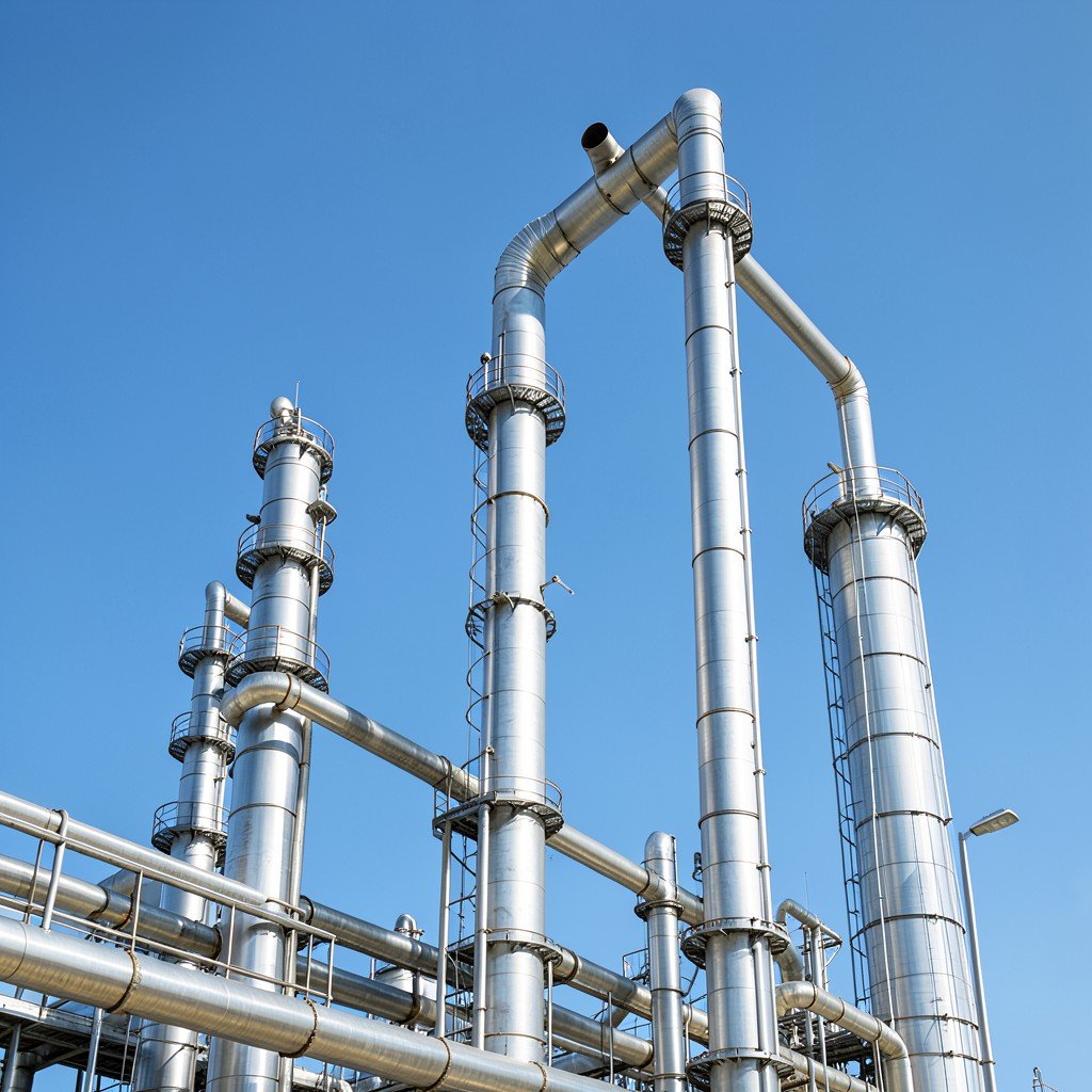 Industrial oil refinery towers with pipelines against a clear blue sky, professional engineering aesthetic, clean lines, photorealistic, 4:3