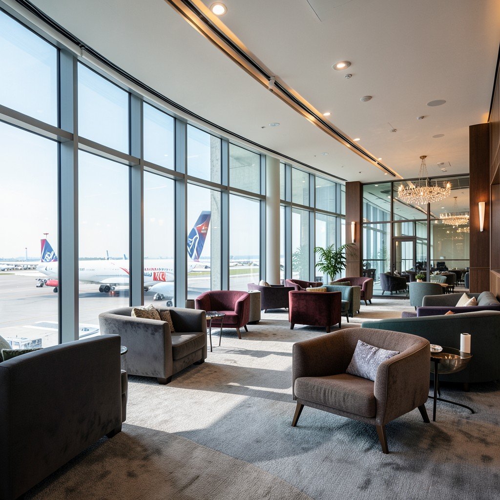 Luxurious modern airport lounge interior with comfortable seating and floor-to-ceiling windows, soft daylight, elegant decor, wide angle, 4:3
