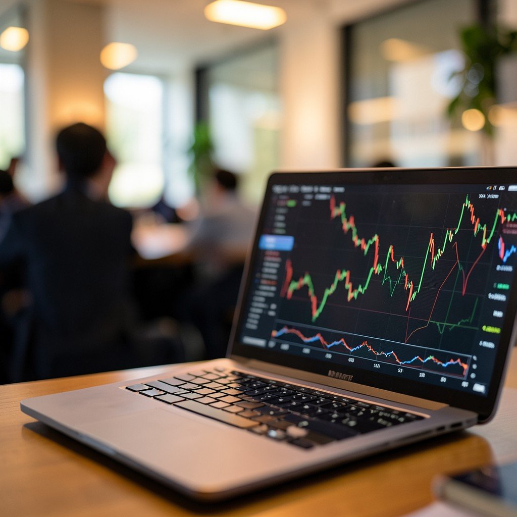 Close-up of professional financial market analysis on a laptop screen, blurred office background, soft warm lighting, business concept, 4:3