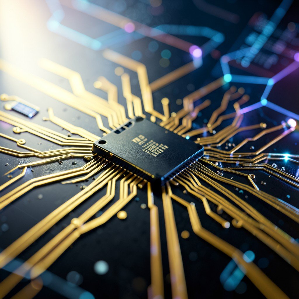Close-up of high-performance microchips with golden circuit lines, futuristic tech background, abstract digital art style, soft focus, 16:9. 16:9