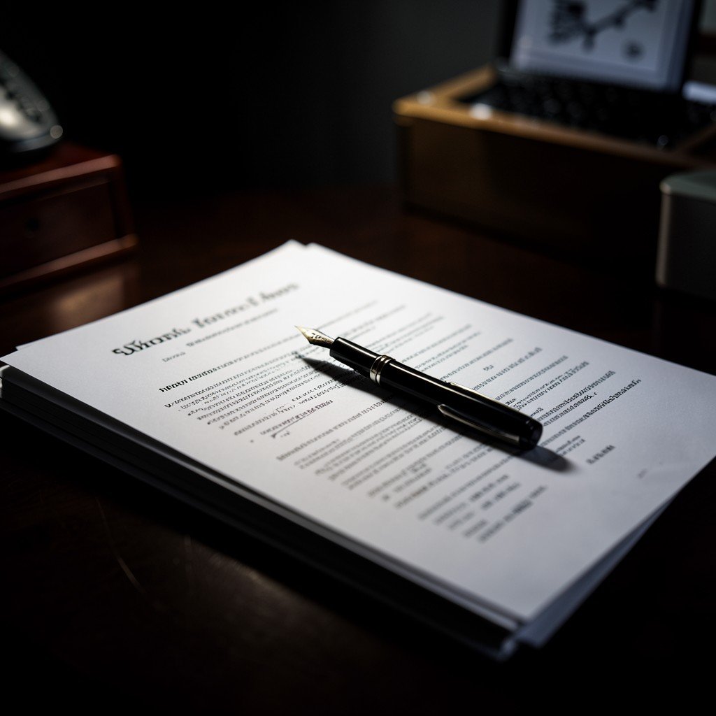 A stack of legal documents with a professional fountain pen, dramatic office lighting, cinematic composition, high resolution, 16:9. 16:9