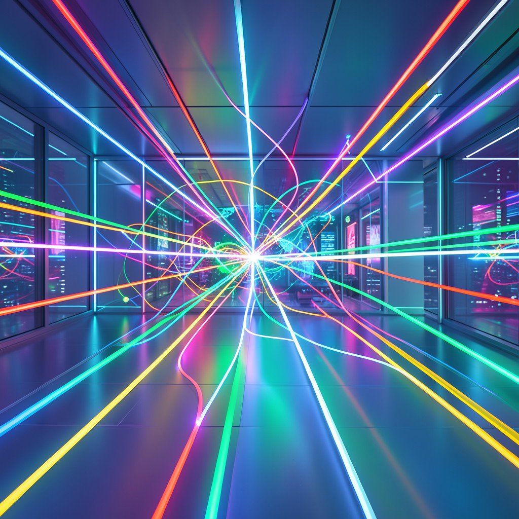 Abstract representation of global data streams connecting, vibrant colors, clean and futuristic, high-tech environment, 16:9. 16:9