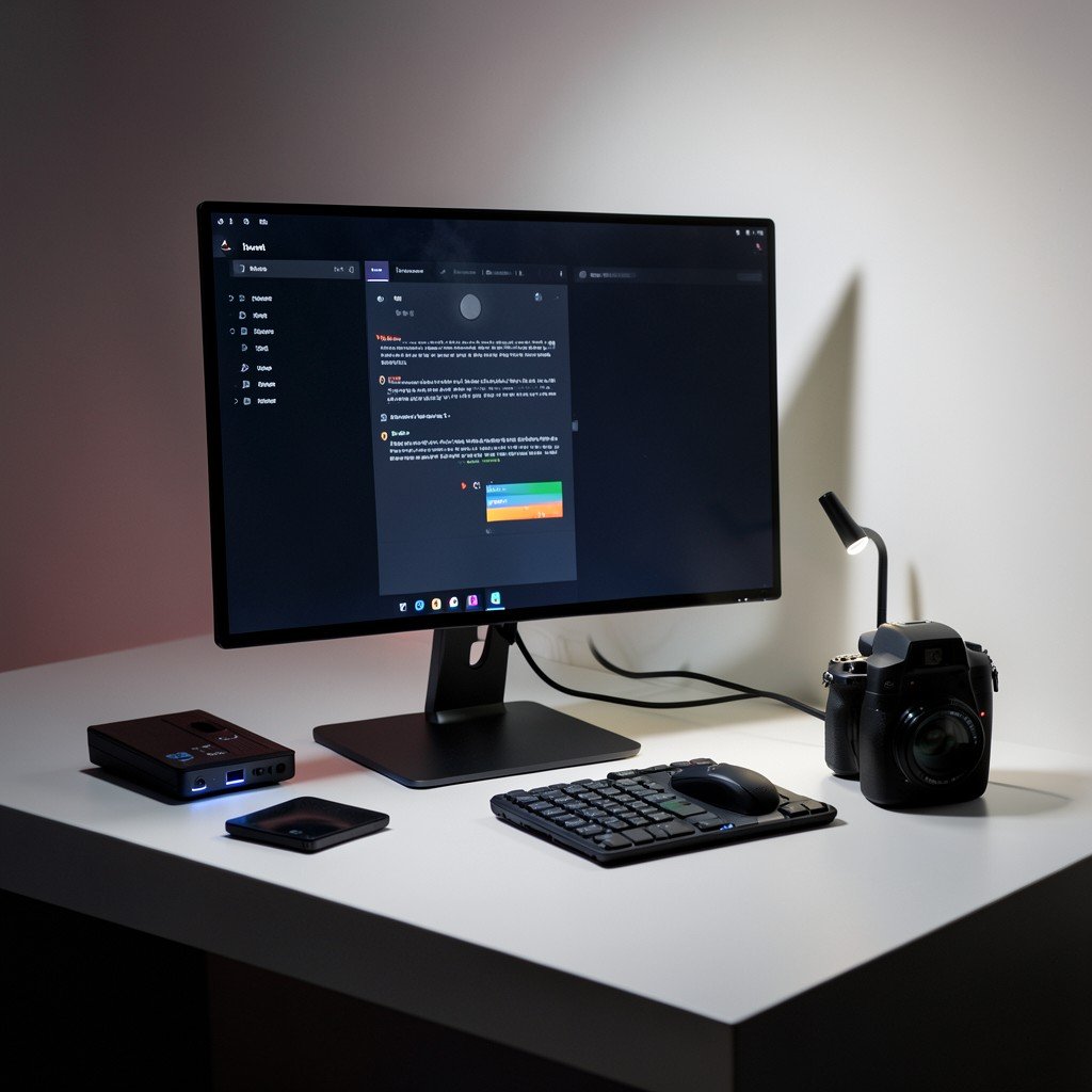 A clean and minimalist desk setup with a computer, focused on productivity and modern tech gadgets, high-end photography, cinematic lighting, 4:3 aspect ratio.