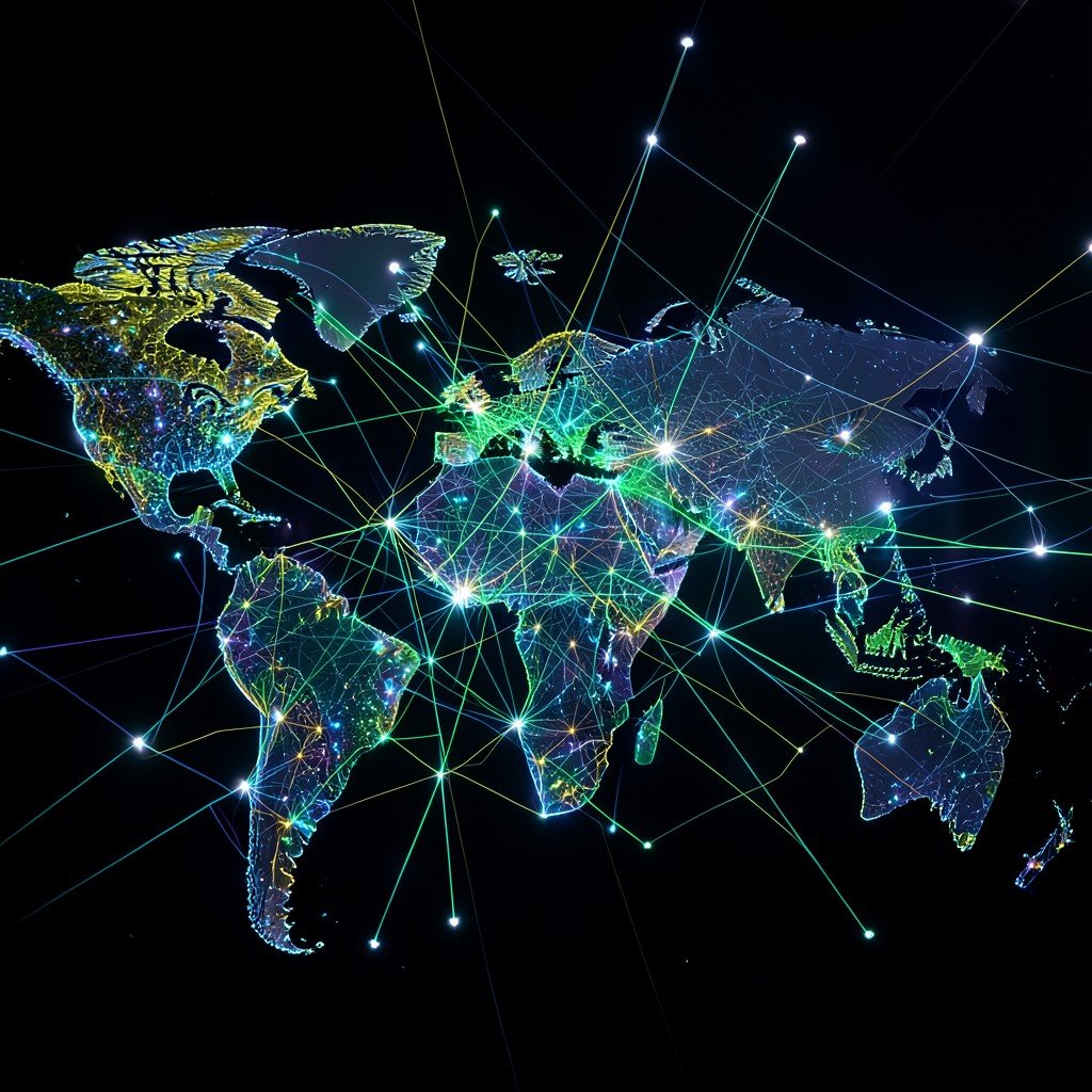 Abstract representation of global digital connectivity and cloud computing infrastructure, glowing lines, dark background, 1:1.