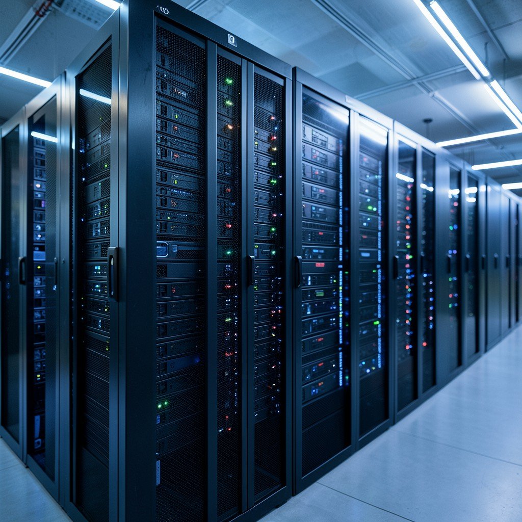Modern server racks inside a professional data center with cool lighting, depth of field, 1:1.