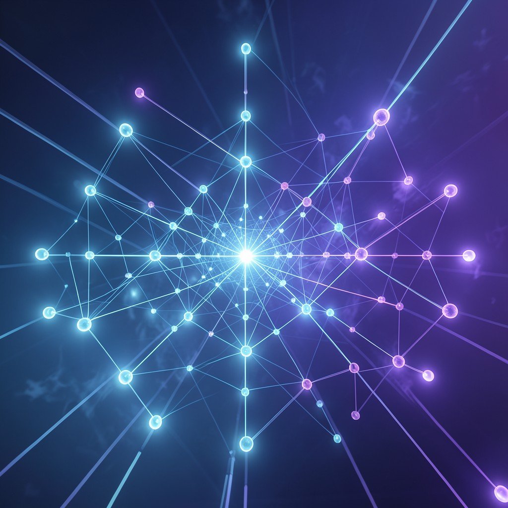 Futuristic digital networking architecture, nodes and connections, soft blue and purple lighting, 1:1.