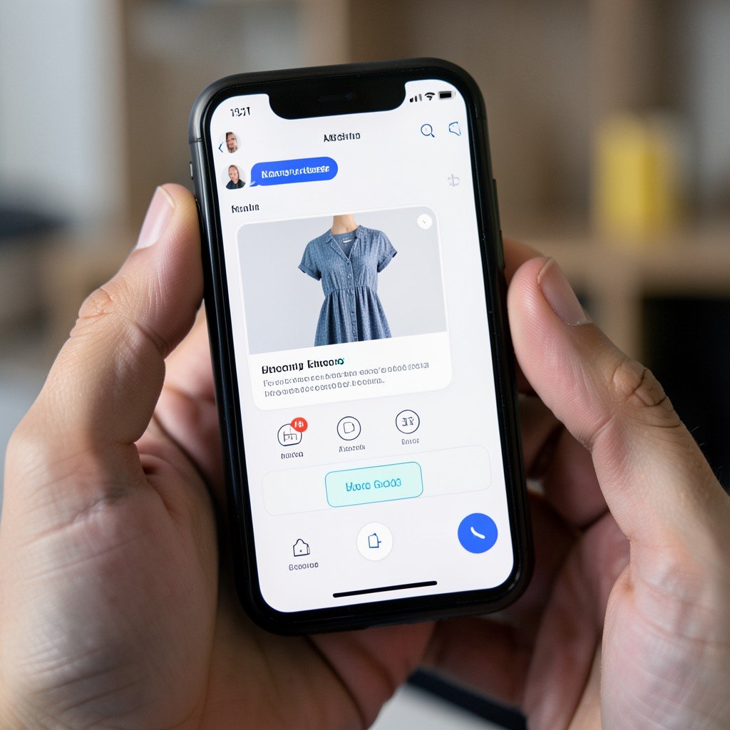 A close up of a person holding a smartphone showing an AI chatbot interface with clothing item recommendations and purchase options, professional lighting, photorealistic, 16:9 aspect ratio.