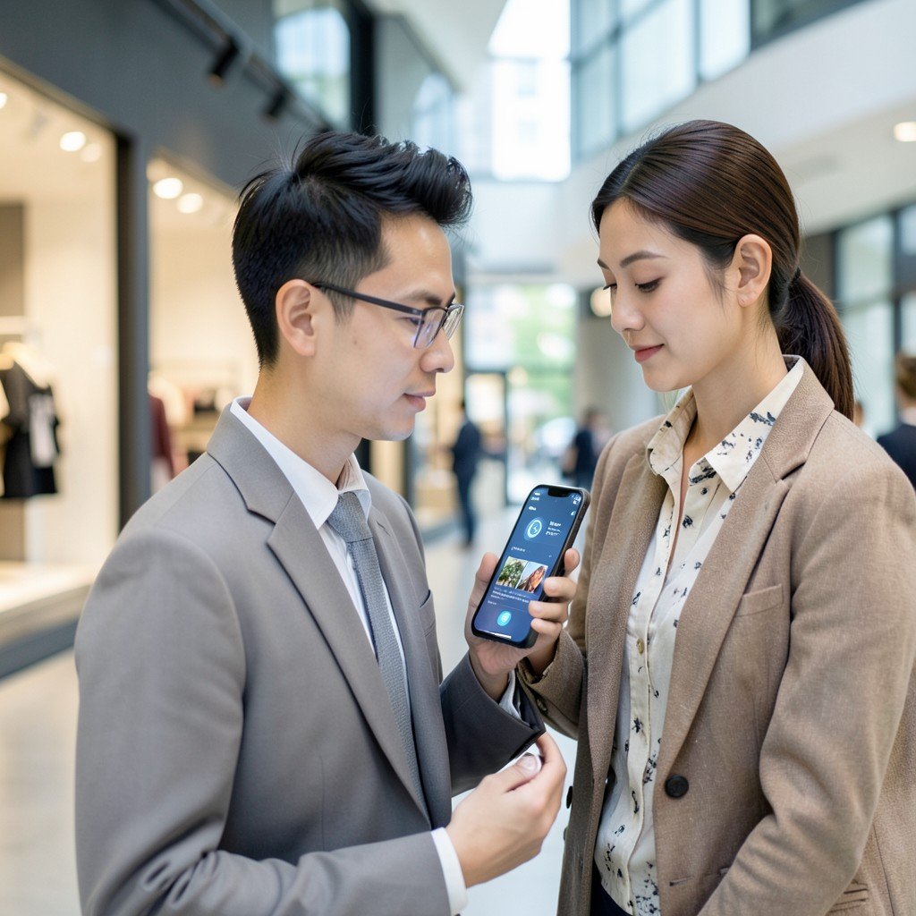 A stylish person looking at a digital AI interface on a mobile device in a modern urban retail setting, soft natural light, clean aesthetics, 16:9 aspect ratio.