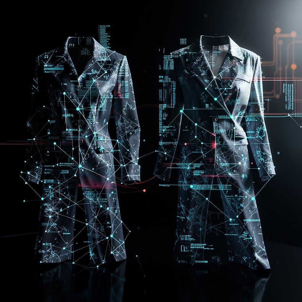 Abstract representation of fashion items combined with digital data streams and AI neural network nodes, elegant and sophisticated, cinematic lighting, 16:9 aspect ratio.