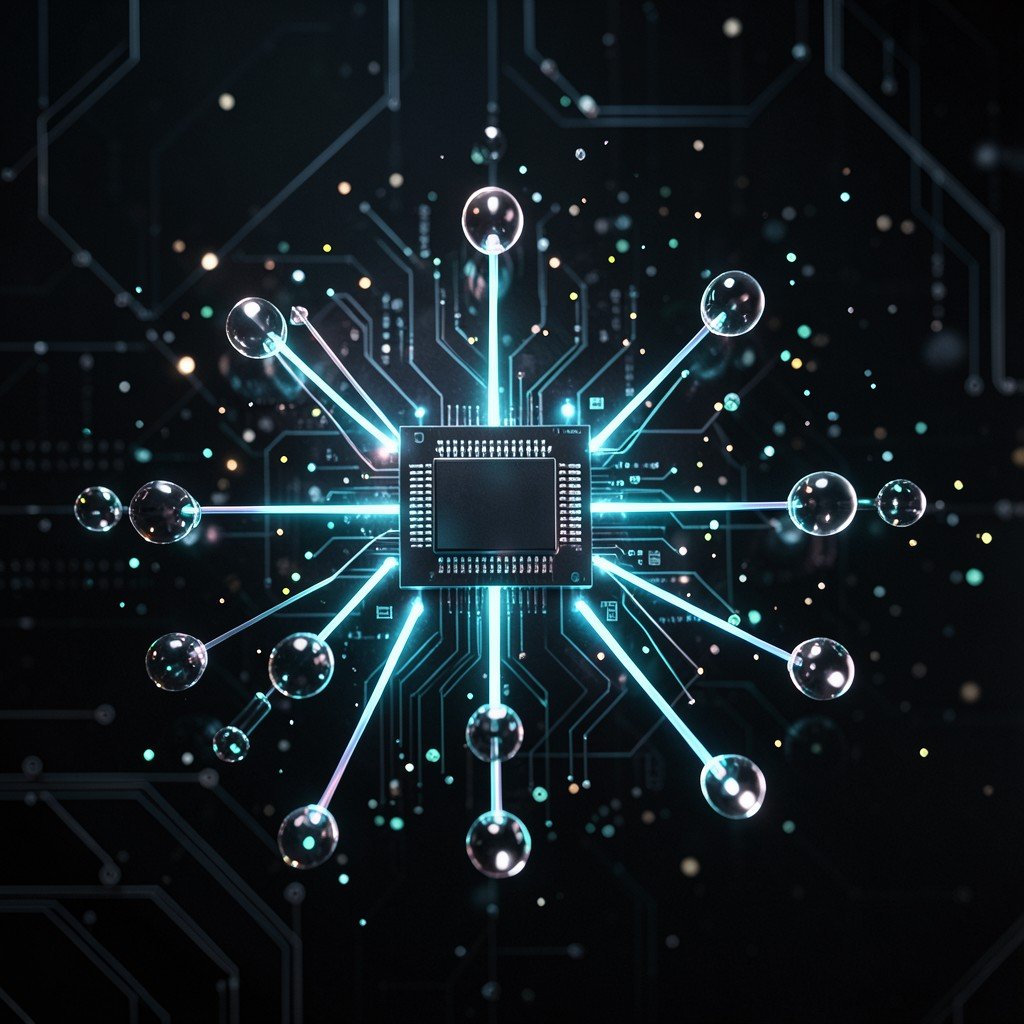 An abstract representation of neural network nodes connecting to a central CPU processor, dark tech background, glowing particles, depth of field, professional photography, 16:9 ratio
