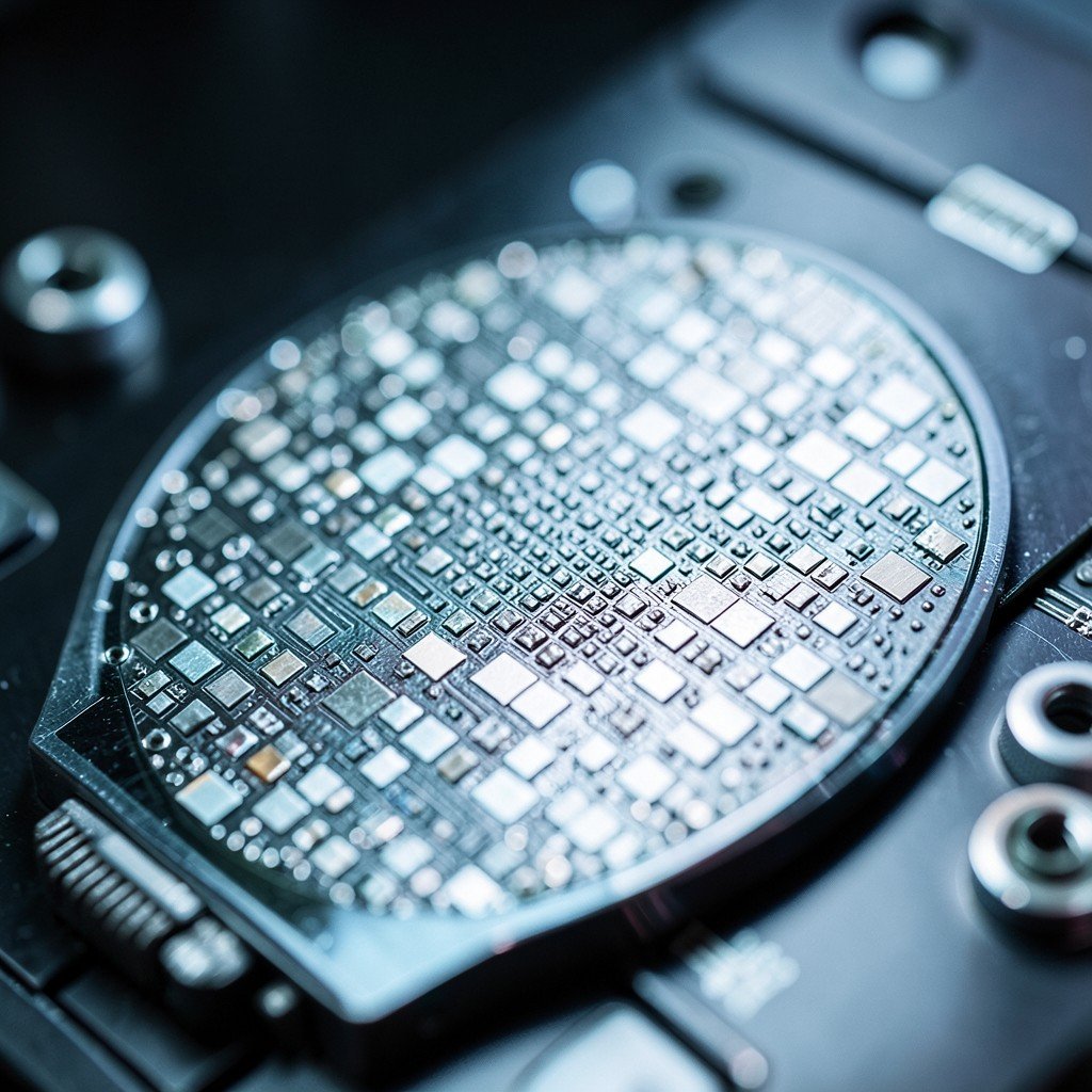 Close-up macro shot of a complex silicon wafer under laboratory lighting, technical, industrial, futuristic, sharp focus, 16:9 ratio