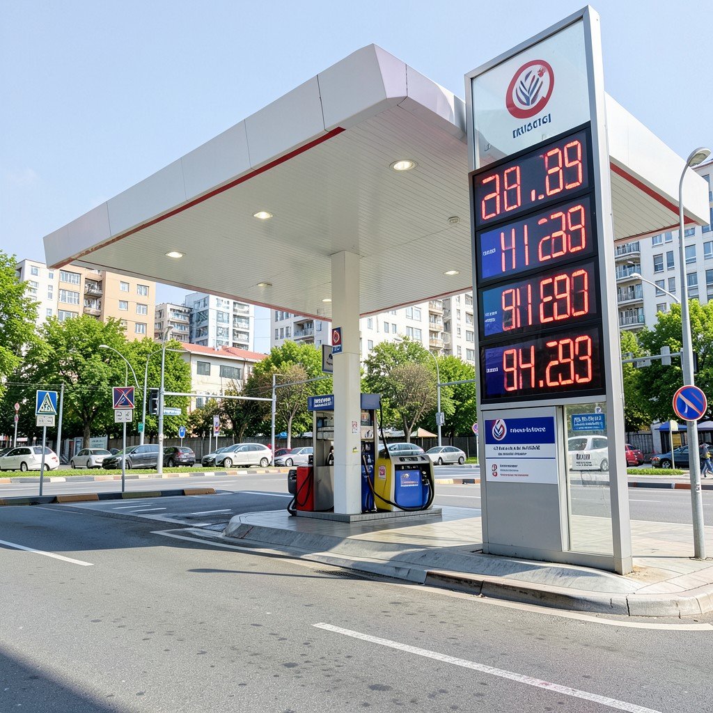 A modern gas station street view with digital price boards, clear signage, realistic urban setting in daylight, 4:3