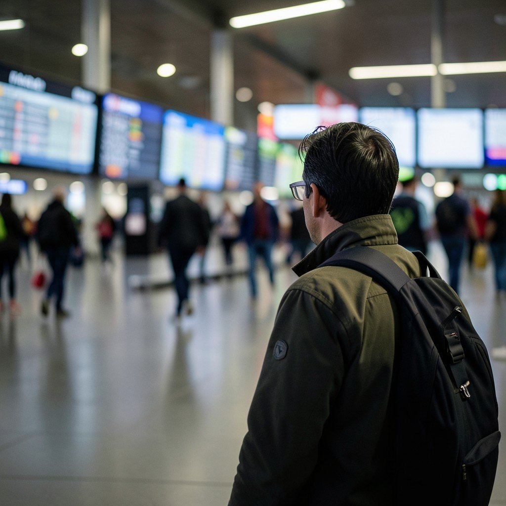 A traveler looking at flight departures board at an international airport, blurred background of terminal, cinematic lighting, realistic style, 4:3