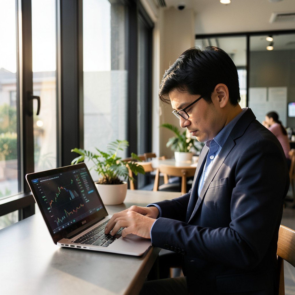 A professional person working on a laptop at a modern cafe, analyzing market data, soft sunlight through window, focused atmosphere, 4:3