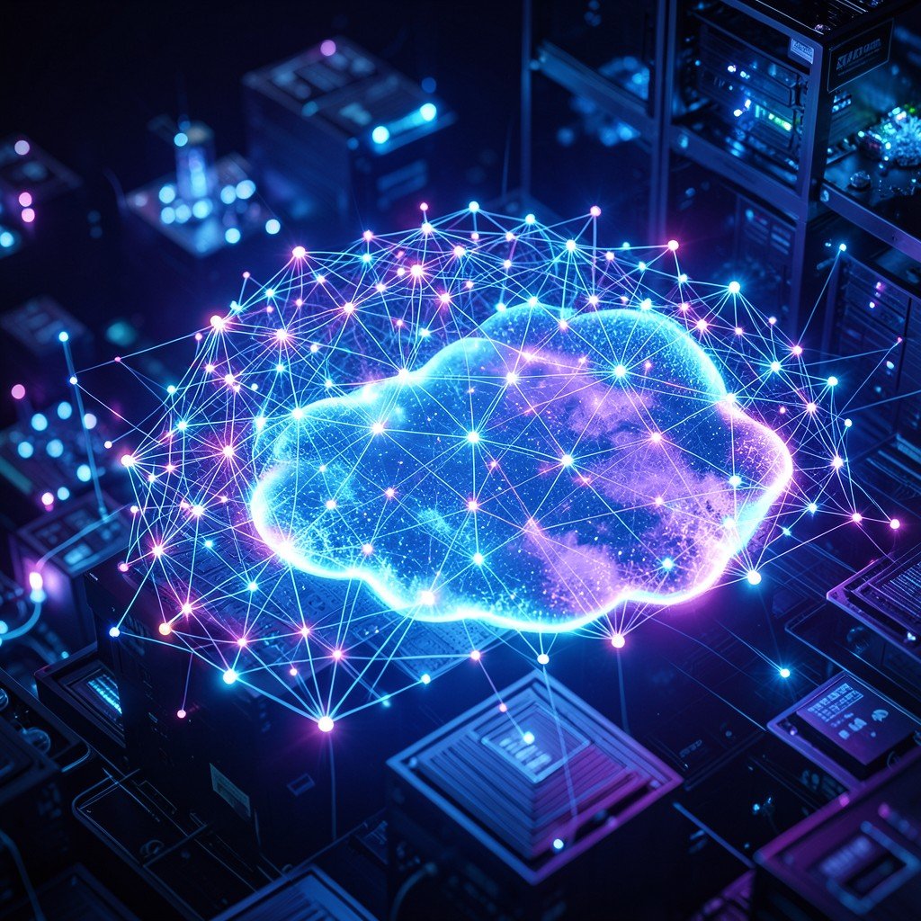 Abstract representation of global data network nodes and cloud computing infrastructure, high-tech, vibrant blue and purple glow, 4:3 aspect ratio.