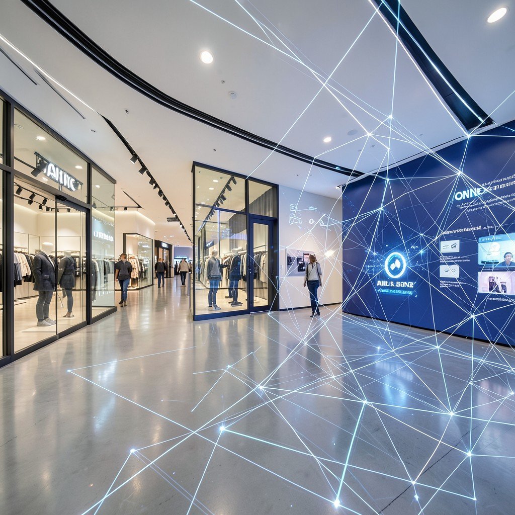 Modern retail store interior merging with abstract digital lines and nodes, seamless connection between physical shopping and online AI service, professional photography style, 16:9 aspect ratio.
