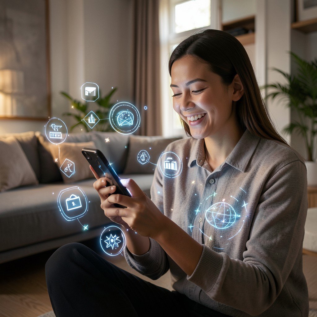 A happy person using a smartphone to find the perfect item, glowing digital icons representing e-commerce and AI technology, cozy modern living room environment, cinematic lighting, 16:9 aspect ratio.